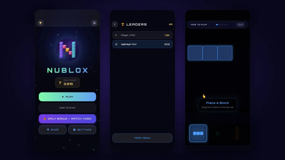 Nublox main menu, leaderboard and tutorial screens