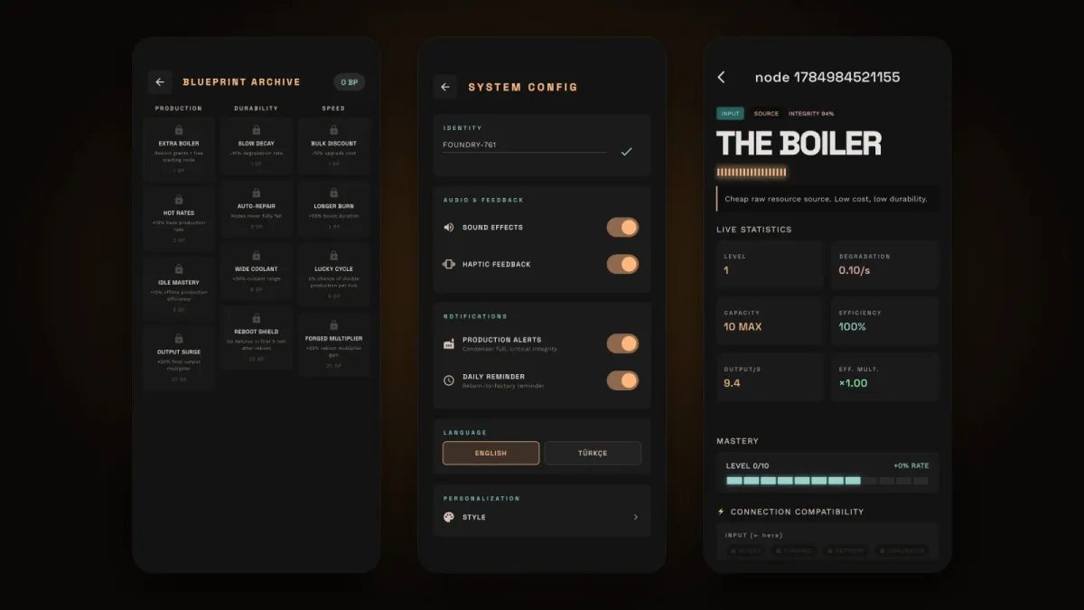 The Process blueprint archive, settings and node detail screens